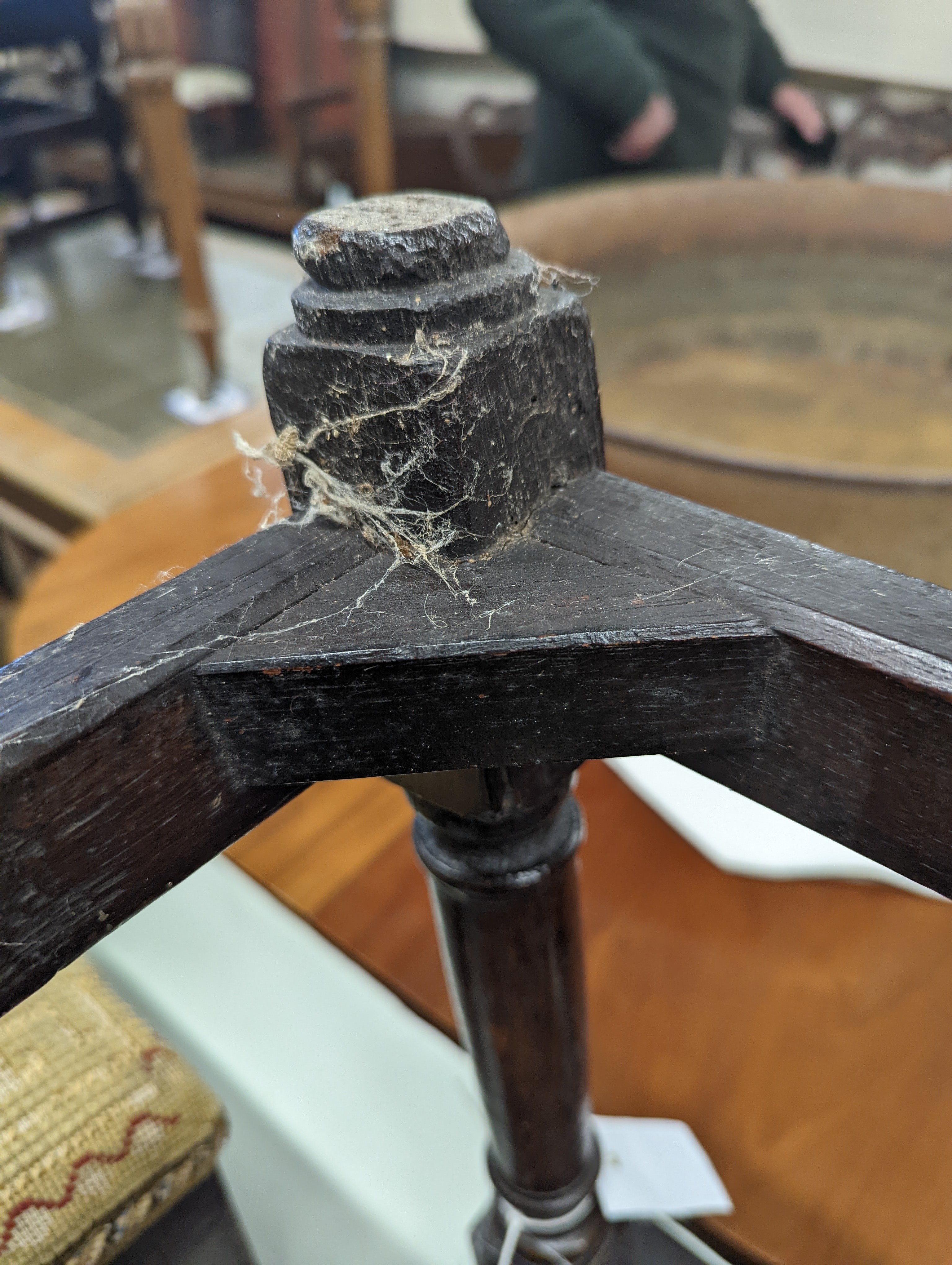 A 17th century style oak joint stool, width 46cm, depth 26cm, height 46cm and a George III stool with Victorian needlework seat, length 33cm